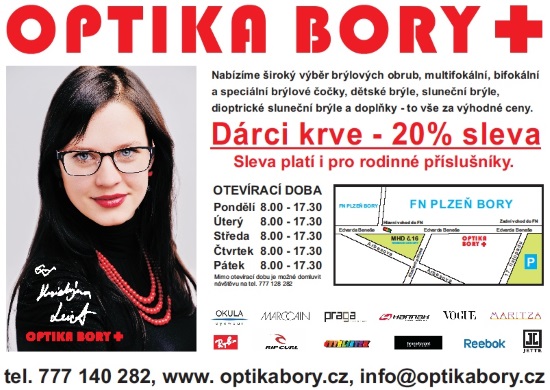 Optika Bory Plzeň - sleva 20 % pro dárce krve a kostní dřeně